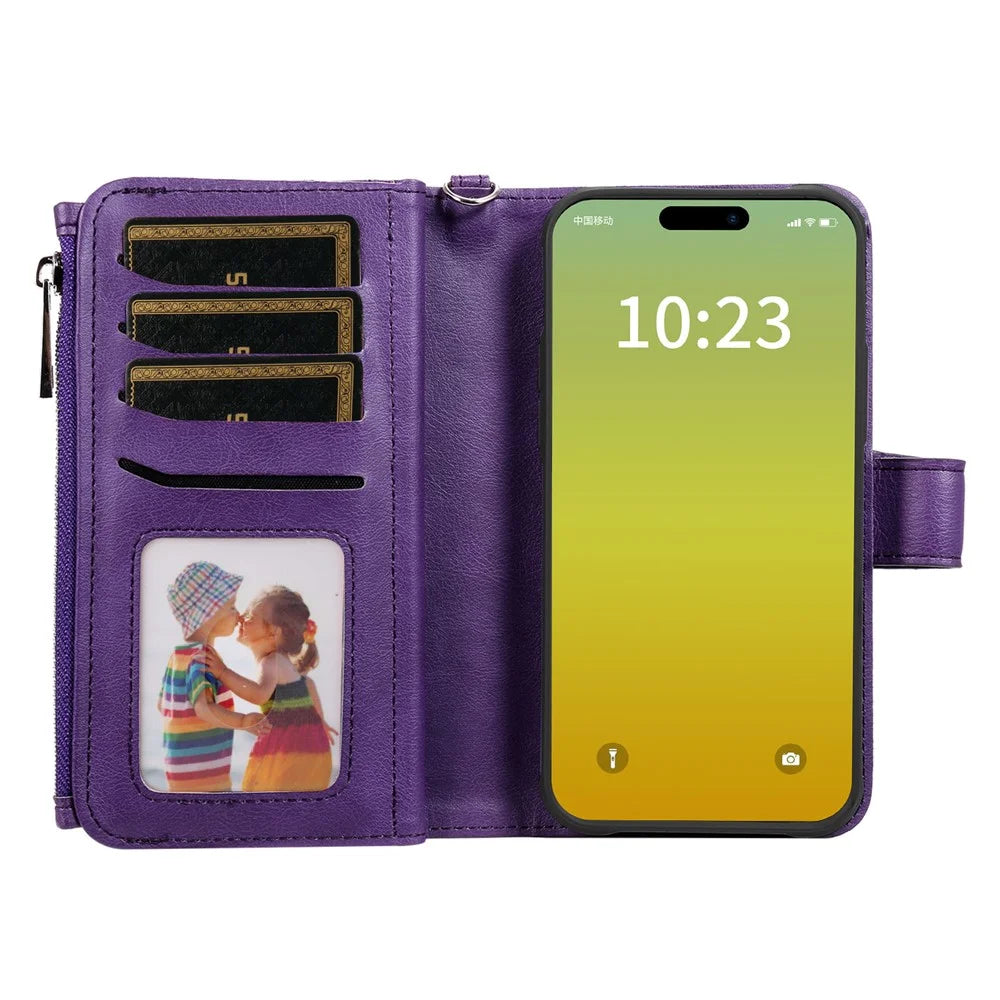 For iPhone 15 Magnetic Leather Case Mobile Cover with Detachable Zipper Wallet Strap - Purple - 2