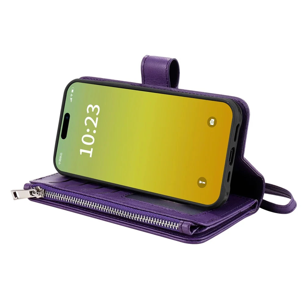 For iPhone 15 Magnetic Leather Case Mobile Cover with Detachable Zipper Wallet Strap - Purple - 3
