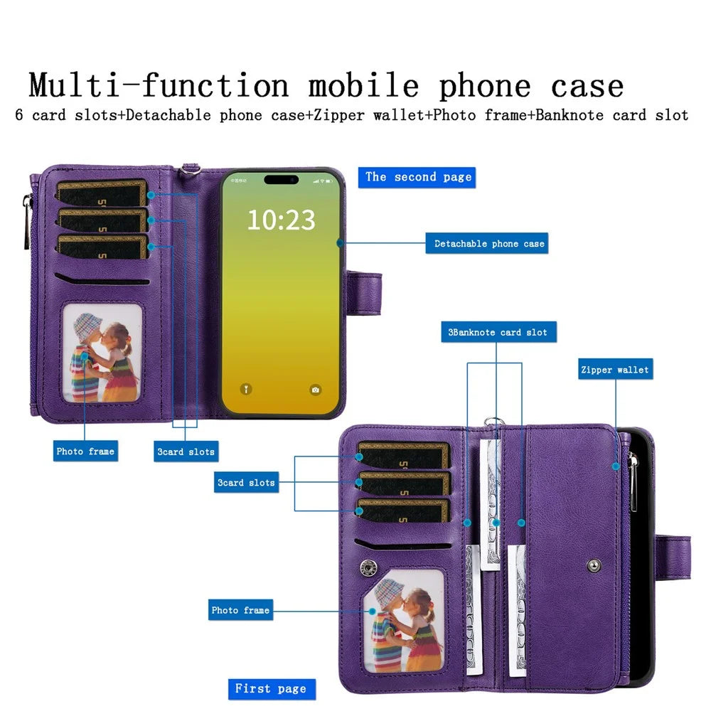 For iPhone 15 Magnetic Leather Case Mobile Cover with Detachable Zipper Wallet Strap - Purple - 4