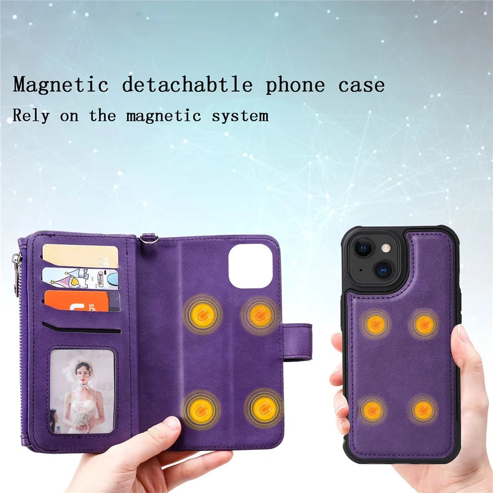 For iPhone 15 Magnetic Leather Case Mobile Cover with Detachable Zipper Wallet Strap - Purple - 5