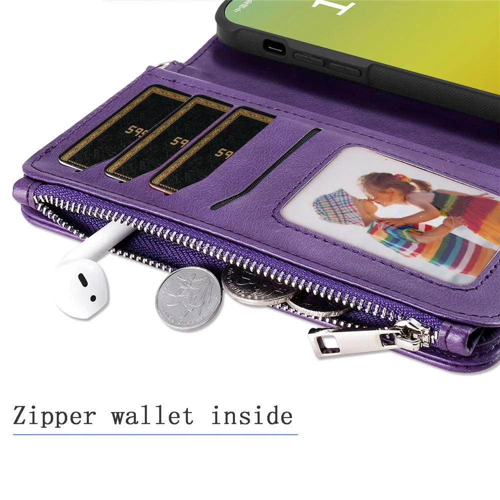 For iPhone 15 Magnetic Leather Case Mobile Cover with Detachable Zipper Wallet Strap - Purple - 6