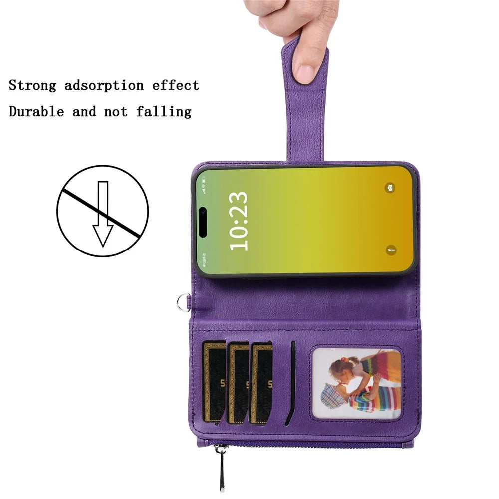 For iPhone 15 Magnetic Leather Case Mobile Cover with Detachable Zipper Wallet Strap - Purple - 7