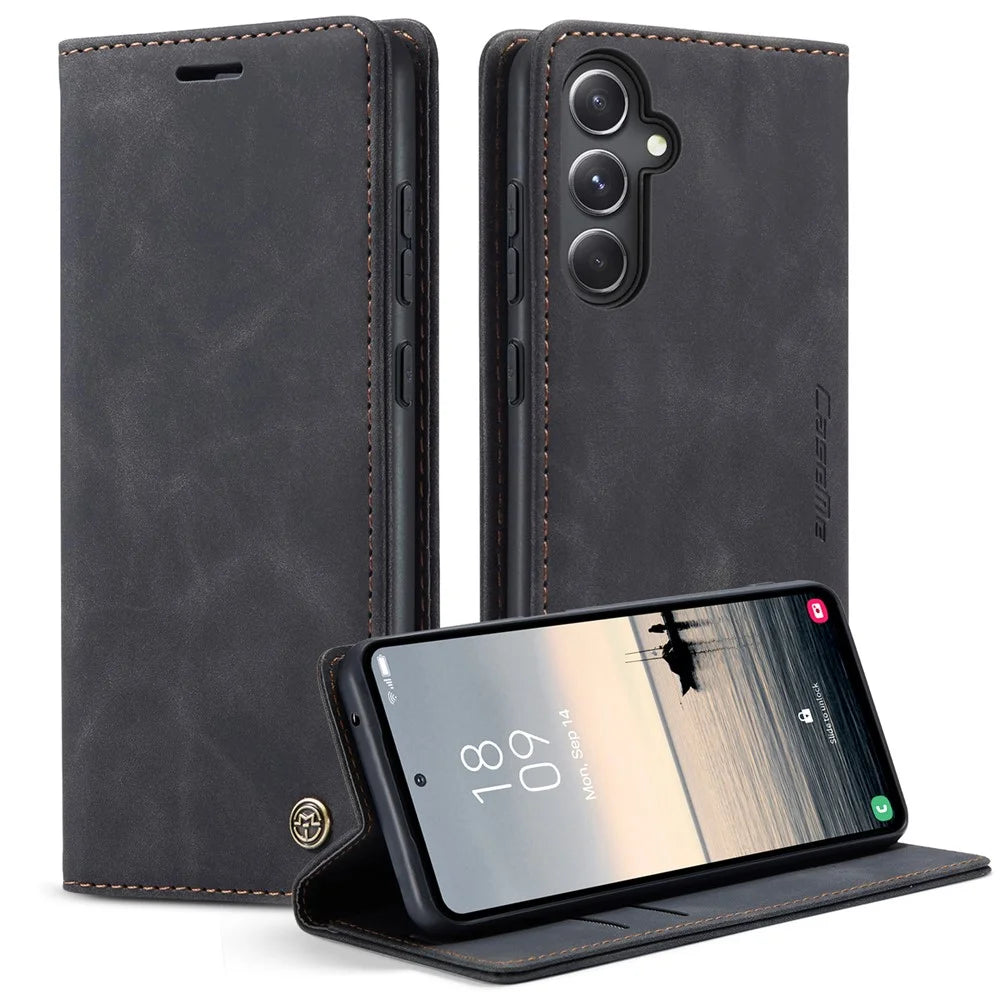 CASEME 013 Series For Samsung Galaxy S23 FE Case PU Leather Stand Folio Phone Cover - Black - 1