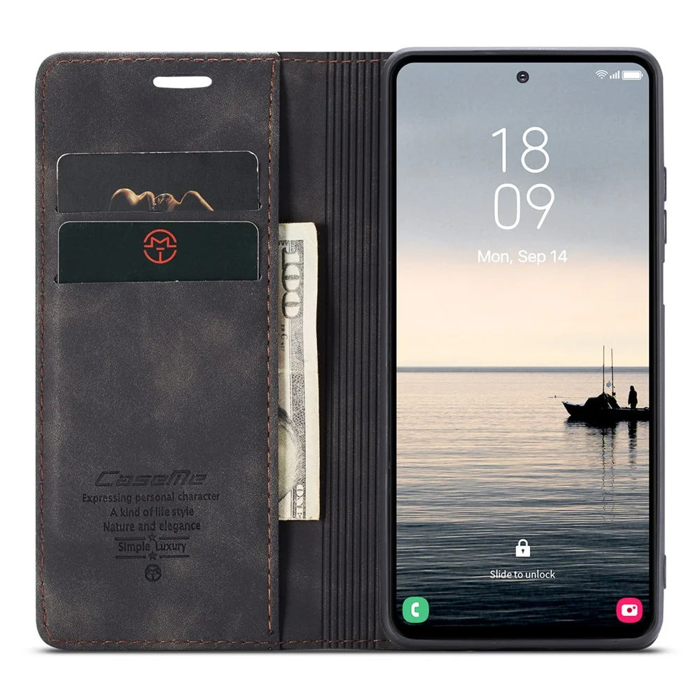 CASEME 013 Series For Samsung Galaxy S23 FE Case PU Leather Stand Folio Phone Cover - Black - 2