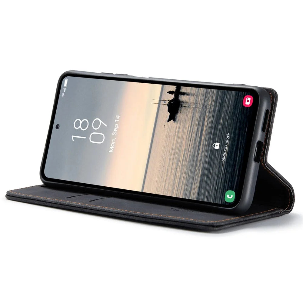 CASEME 013 Series For Samsung Galaxy S23 FE Case PU Leather Stand Folio Phone Cover - Black - 3