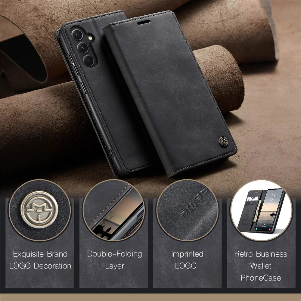 CASEME 013 Series For Samsung Galaxy S23 FE Case PU Leather Stand Folio Phone Cover - Black - 4