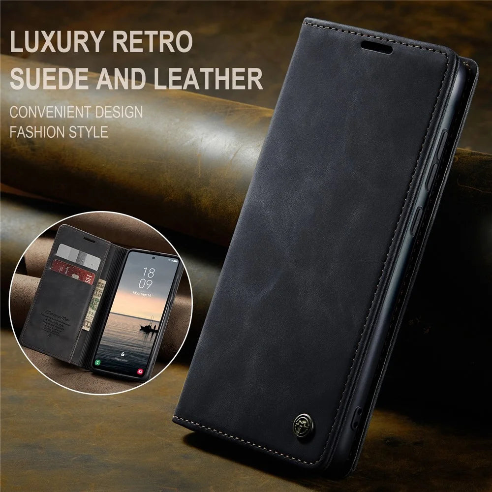 CASEME 013 Series For Samsung Galaxy S23 FE Case PU Leather Stand Folio Phone Cover - Black - 5