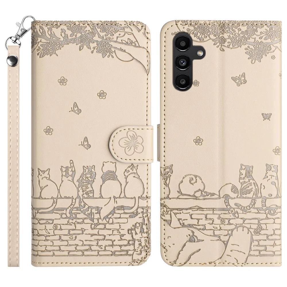 For Samsung Galaxy A05s 4G Case Wall Cats Imprinted PU Leather Wallet Phone Cover with Strap - Apricot - 1