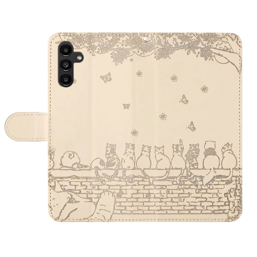 For Samsung Galaxy A05s 4G Case Wall Cats Imprinted PU Leather Wallet Phone Cover with Strap - Apricot - 4