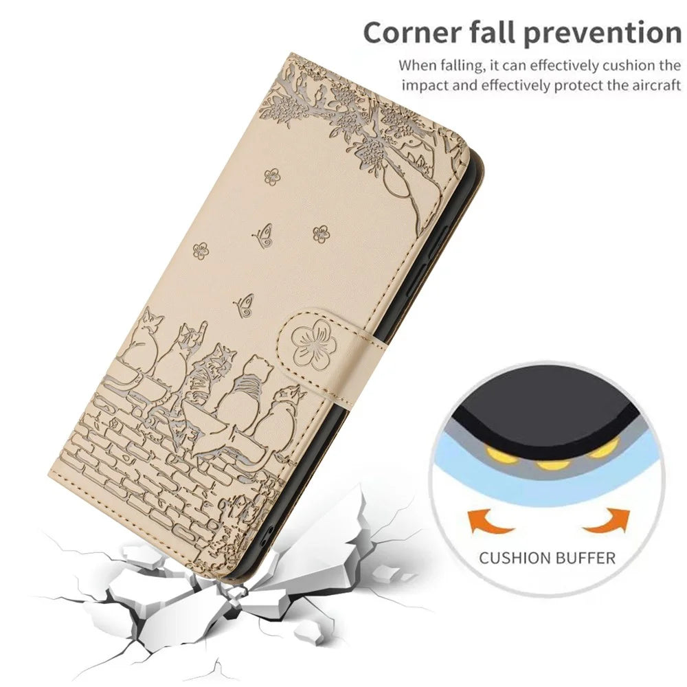 For Samsung Galaxy A05s 4G Case Wall Cats Imprinted PU Leather Wallet Phone Cover with Strap - Apricot - 6