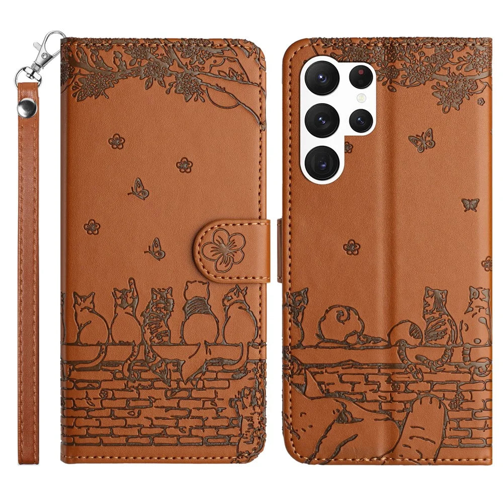 For Samsung Galaxy S24 Ultra Case Imprinted PU Leather Wallet Magnetic Phone Cover with Strap - Brown - 1
