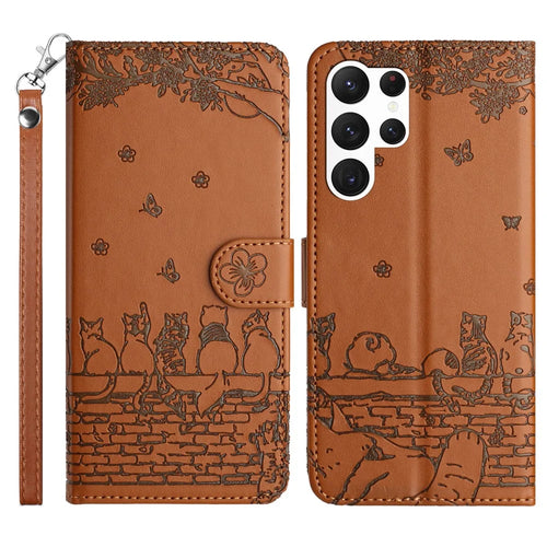 For Samsung Galaxy S24 Ultra Case Imprinted PU Leather Wallet Magnetic Phone Cover with Strap - Brown - 1