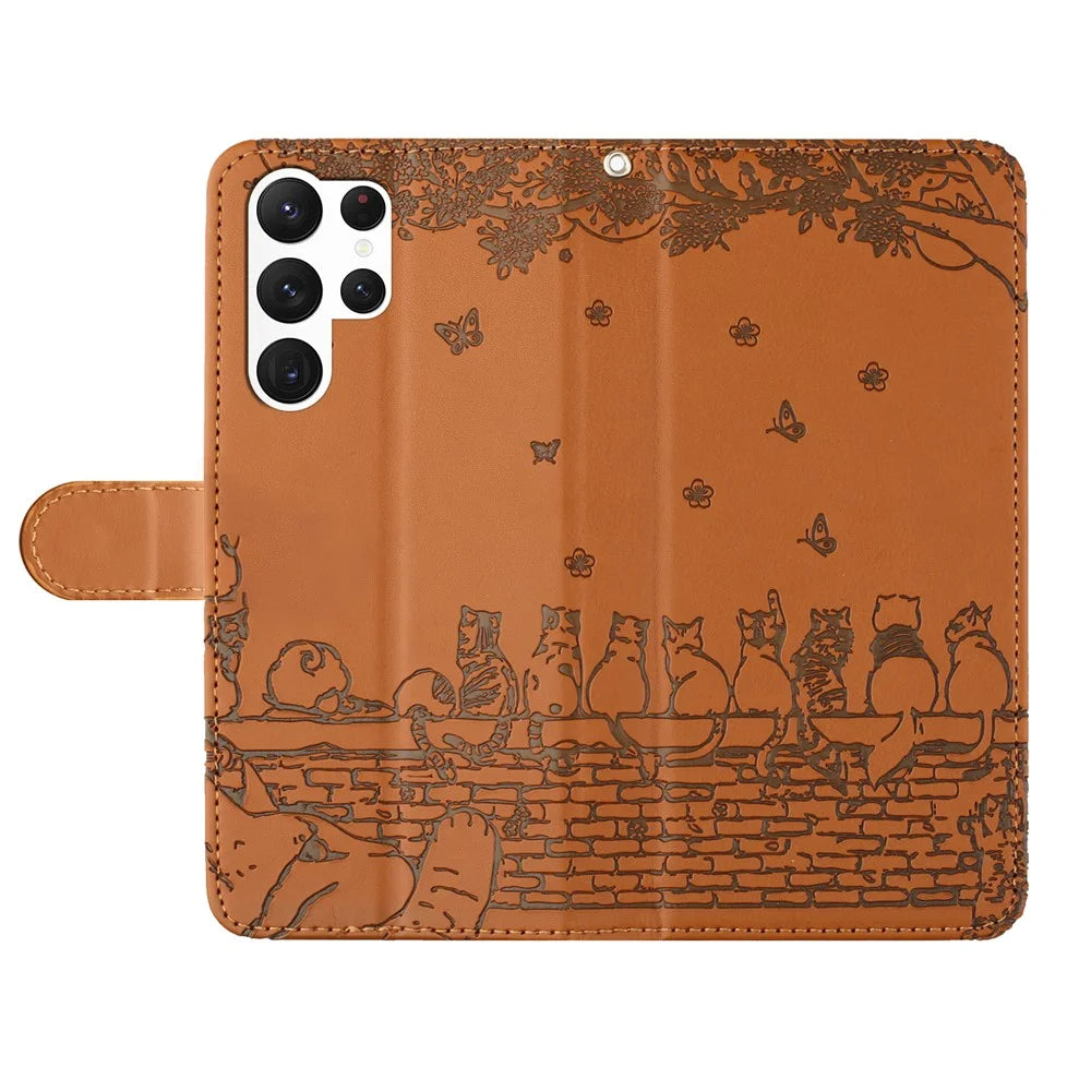 For Samsung Galaxy S24 Ultra Case Imprinted PU Leather Wallet Magnetic Phone Cover with Strap - Brown - 4