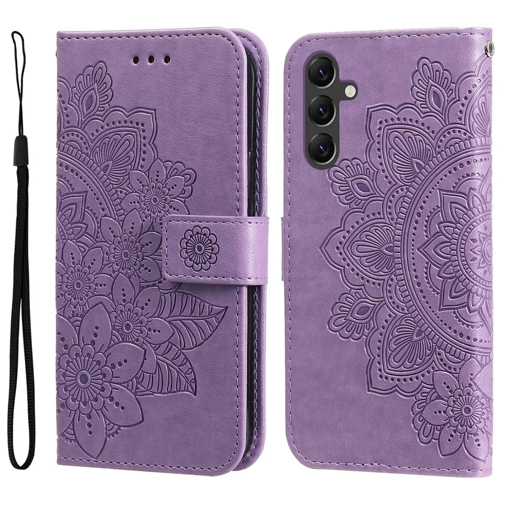 For Samsung Galaxy A15 5G Case Floral Pattern PU Leather Wallet Stand Phone Cover - Purple - 1