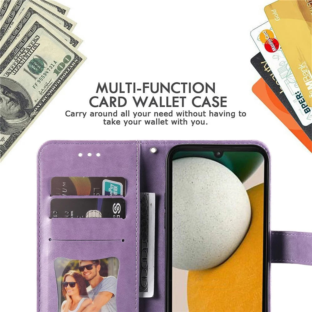 For Samsung Galaxy A15 5G Case Floral Pattern PU Leather Wallet Stand Phone Cover - Purple - 6