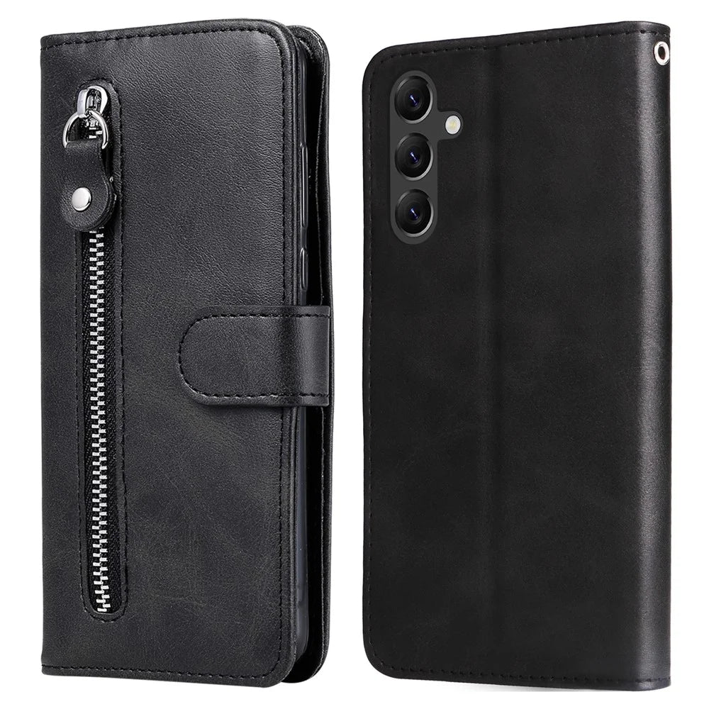 For Samsung Galaxy A15 4G Case Zipper Pocket Wallet PU Leather Phone Cover - Black - 1