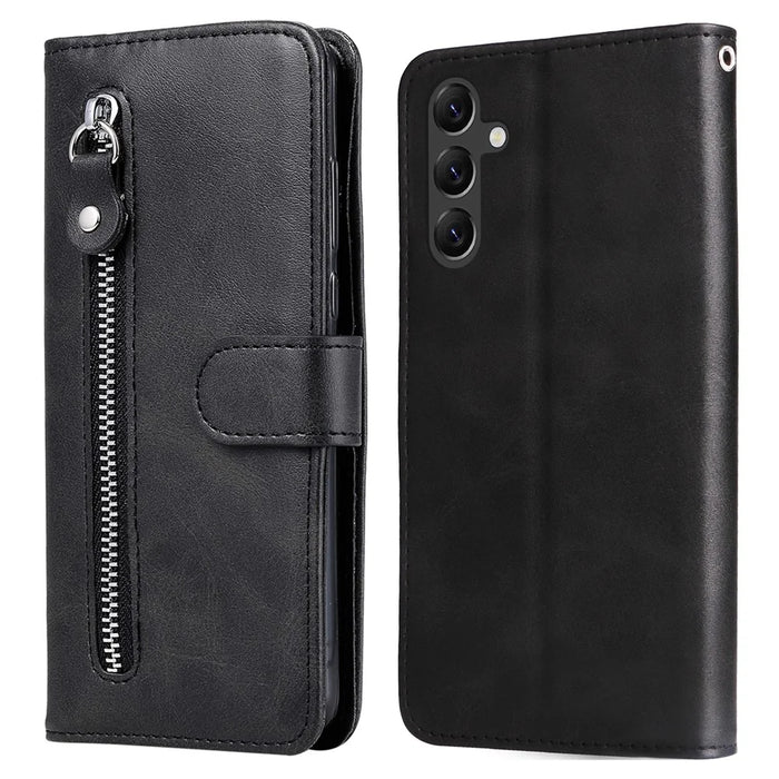 For Samsung Galaxy A15 4G Case Zipper Pocket Wallet PU Leather Phone Cover - Black - 1