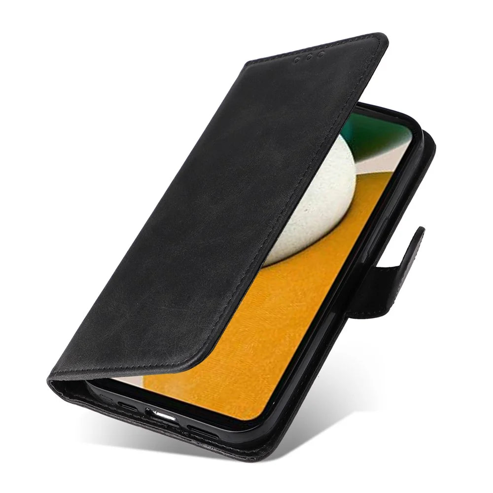 For Samsung Galaxy A15 5G Case Shockproof Phone Shell Calf Texture Leather Wallet Phone Cover - Black - 6