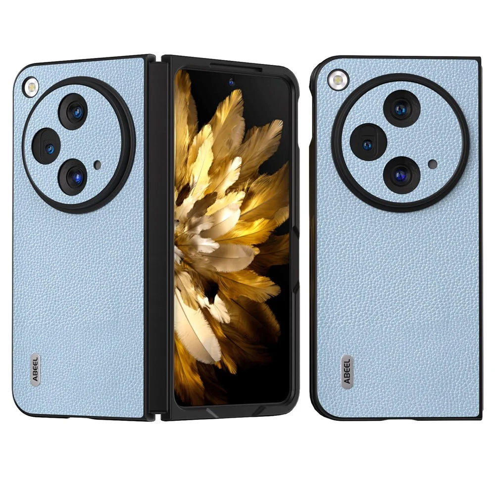 ABEEL For Oppo Find N3 5G / OnePlus Open Case Litchi Texture Genuine Cow Leather Coating Cover - Baby Blue - 1