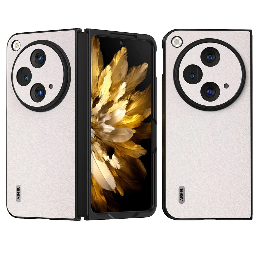 ABEEL For Oppo Find N3 5G / OnePlus Open Case Genuine Cow Leather Texture Phone Back Cover - White - 1