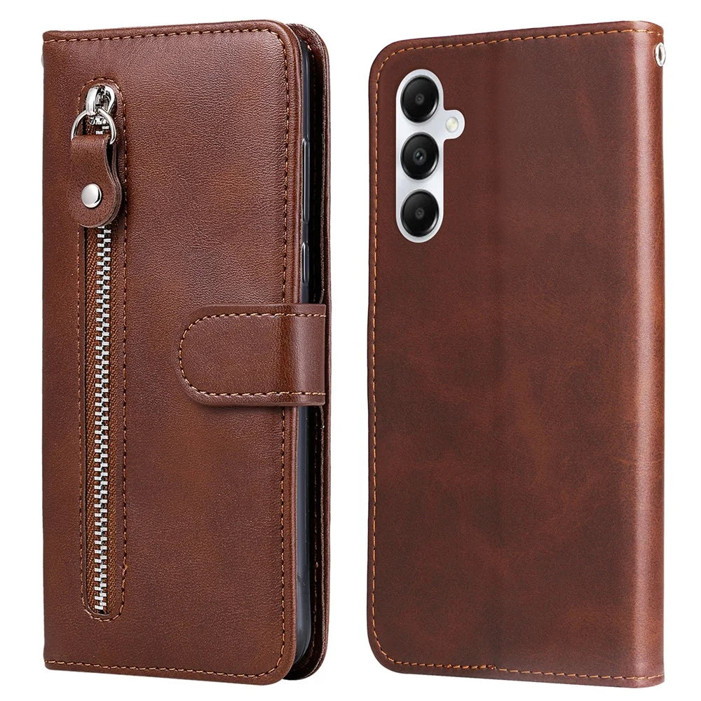 For Samsung Galaxy A05s 4G Case Leather Cellphone Cover with Zipper Pocket Wallet - Brown - 1