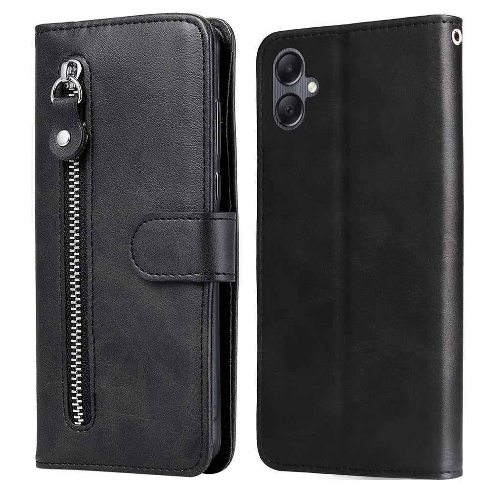 For Samsung Galaxy A05 4G Leather Case Zipper Pocket Wallet Stand Phone Shell - Black - 1