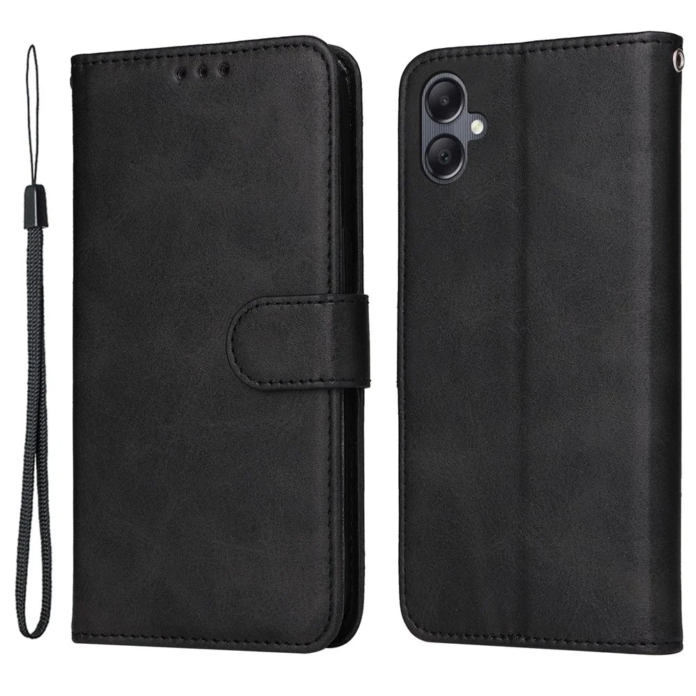For Samsung Galaxy A05 4G Case Calf Texture Leather Phone Wallet Cover - Black - 1