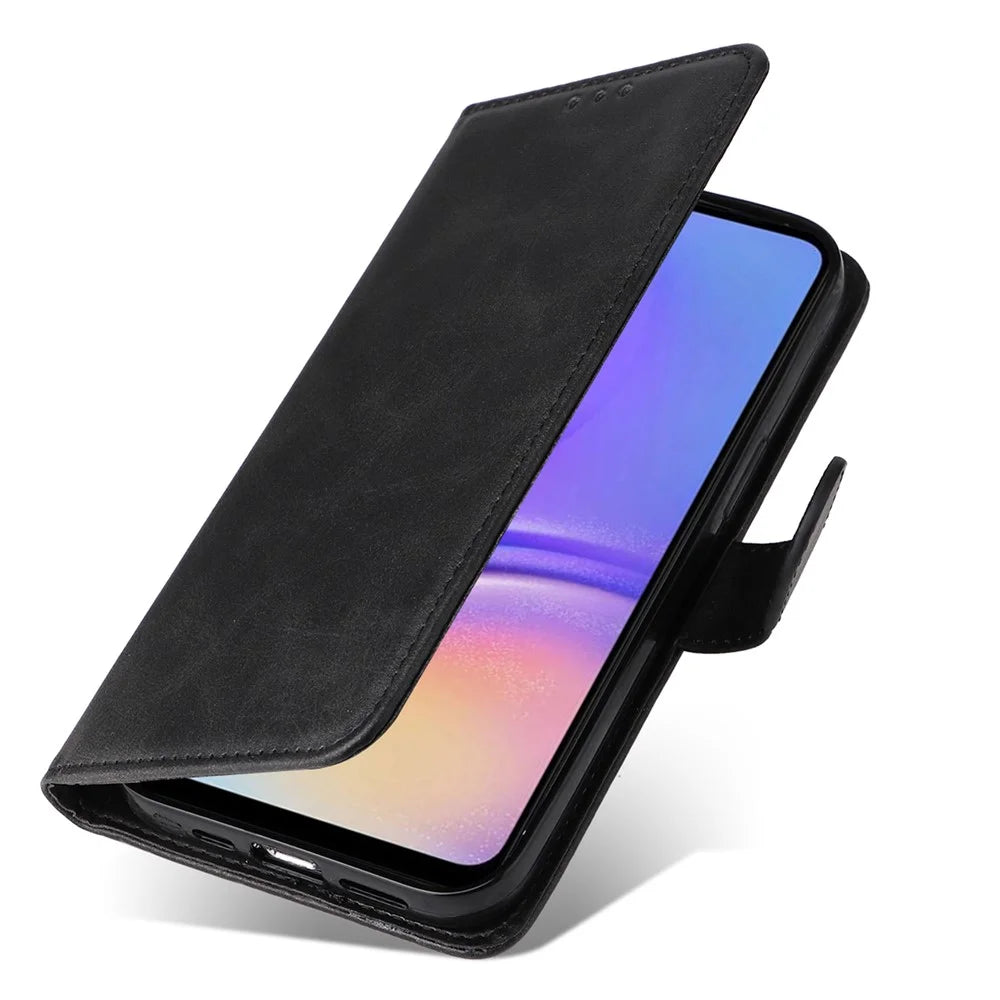 For Samsung Galaxy A05 4G Case Calf Texture Leather Phone Wallet Cover - Black - 5