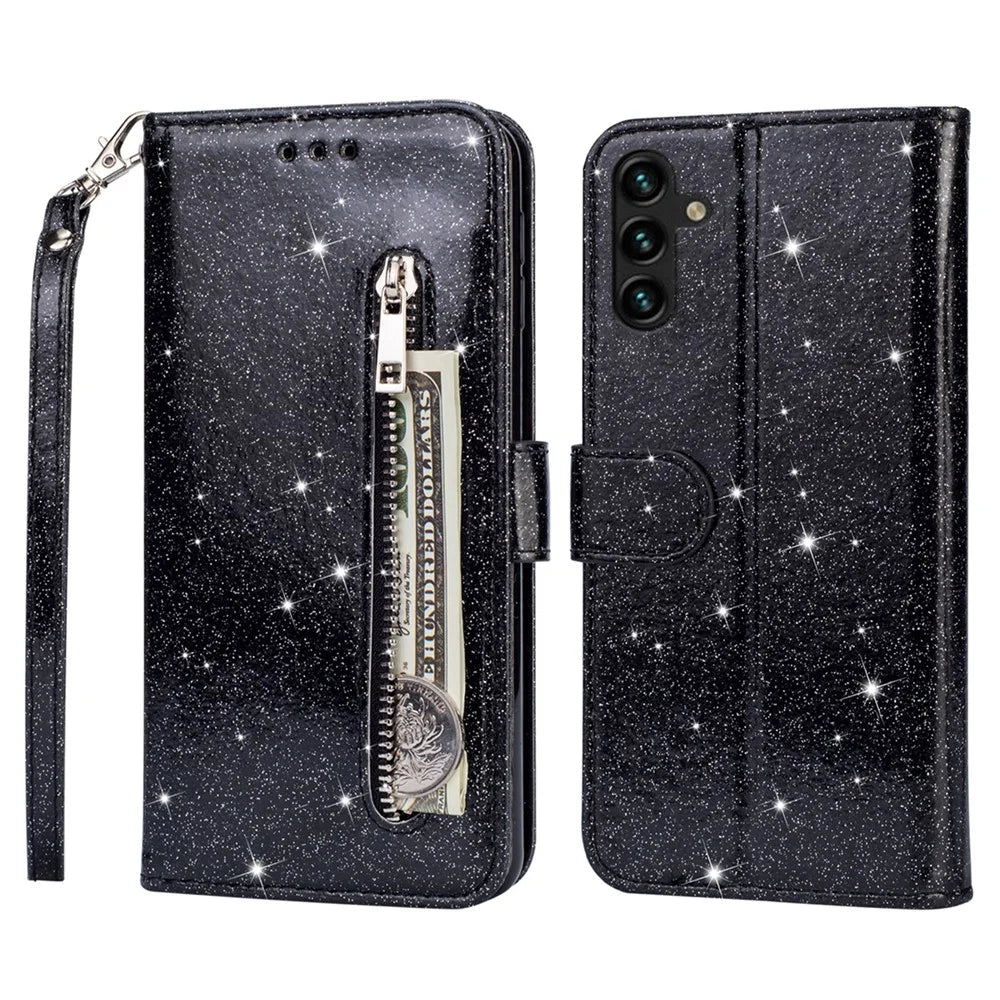 For Samsung Galaxy A15 4G Case Glittery PU Leather Cover with Zipper Pocket - Black - 1