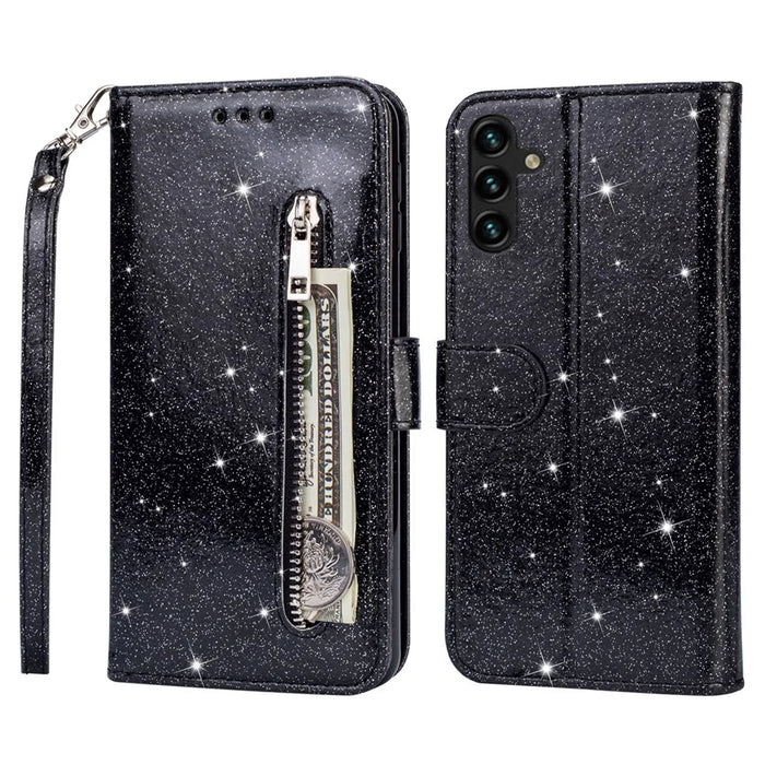 For Samsung Galaxy A15 4G Case Glittery PU Leather Cover with Zipper Pocket - Black - 1