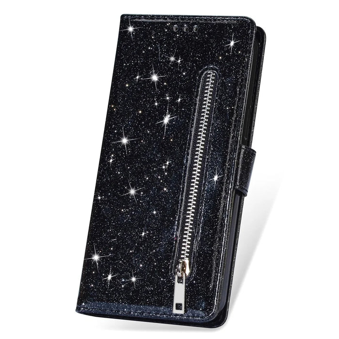 For Samsung Galaxy A15 4G Case Glittery PU Leather Cover with Zipper Pocket - Black - 6