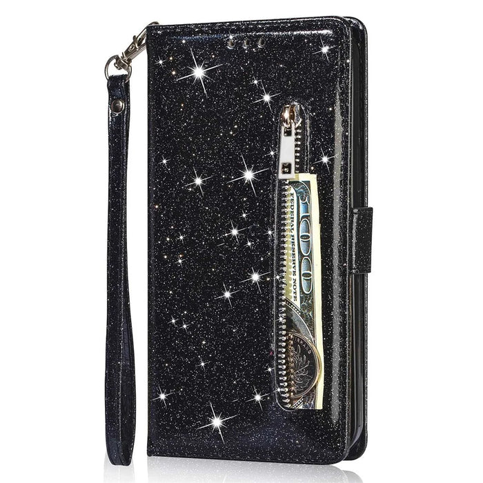 For Samsung Galaxy A15 4G Case Glittery PU Leather Cover with Zipper Pocket - Black - 7