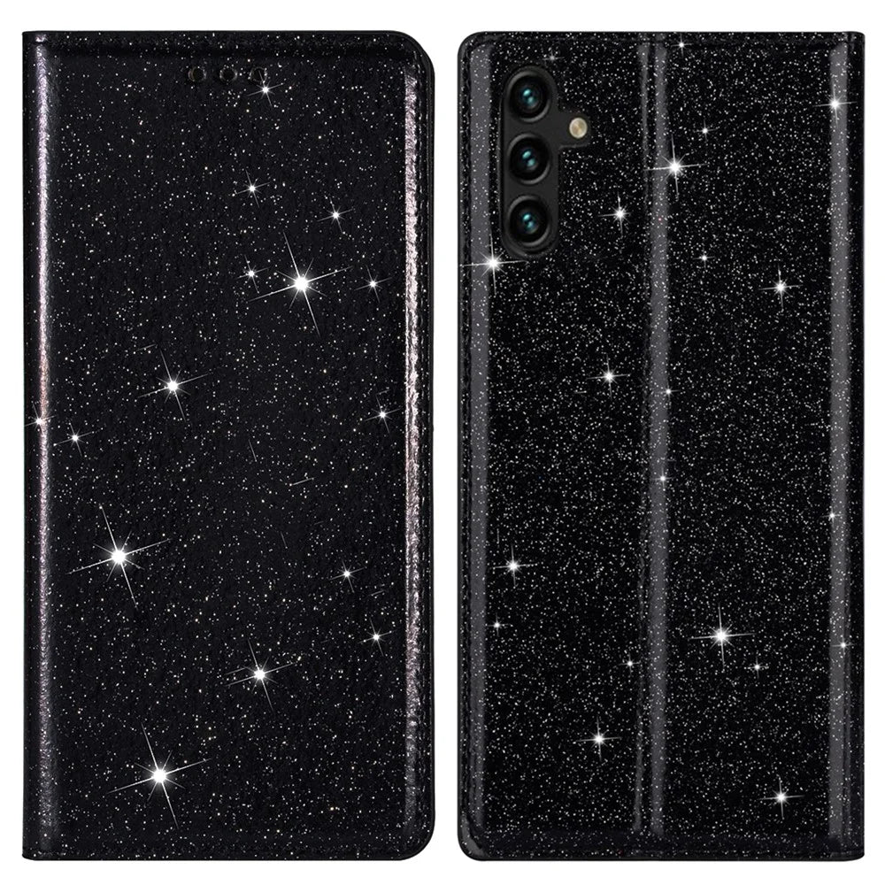 For Samsung Galaxy A05s 4G Case Glittery PU Leather Stand Phone Cover - Black - 1