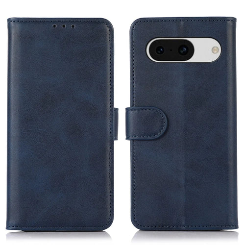 For Google Pixel 8a Case Cowhide Texture PU Leather Shell Phone Stand Cover Wallet - Blue - 1