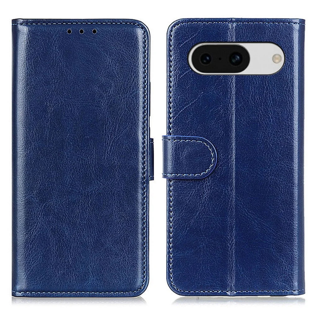 For Google Pixel 8a Case Magnetic PU Leather Wallet Crazy Horse Texture Phone Cover - Blue - 1