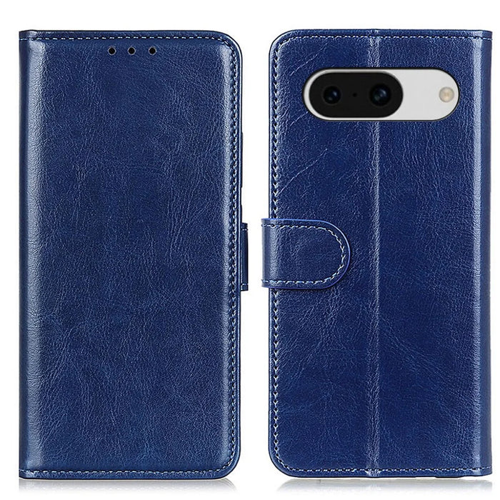 For Google Pixel 8a Case Magnetic PU Leather Wallet Crazy Horse Texture Phone Cover - Blue - 1