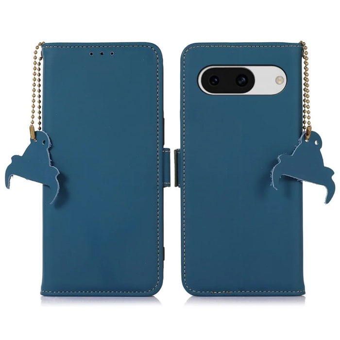 For Google Pixel 8a Case Genuine Cow Leather RFID Blocking Phone Cover - Blue - 1