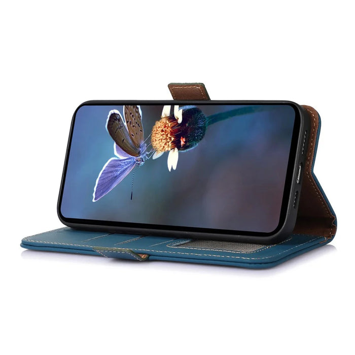 For Google Pixel 8a Case Genuine Cow Leather RFID Blocking Phone Cover - Blue - 4