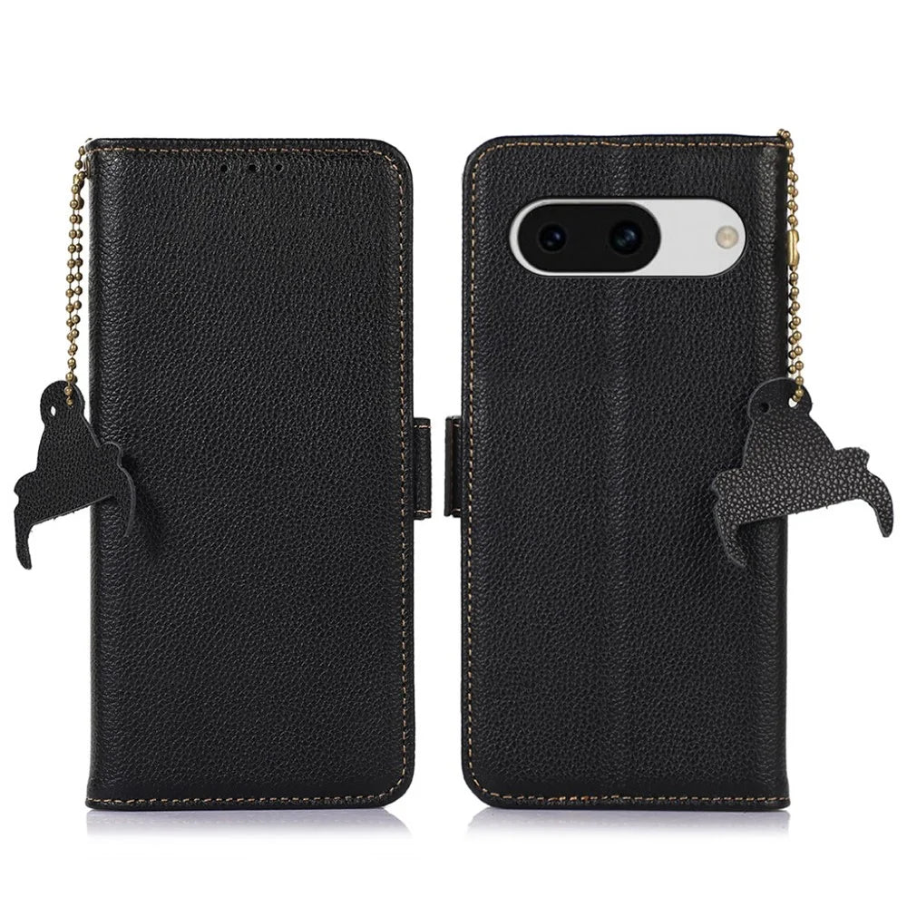 For Google Pixel 8a Case Genuine Cow Leather Phone Cover with RFID Blocking - Black - 1