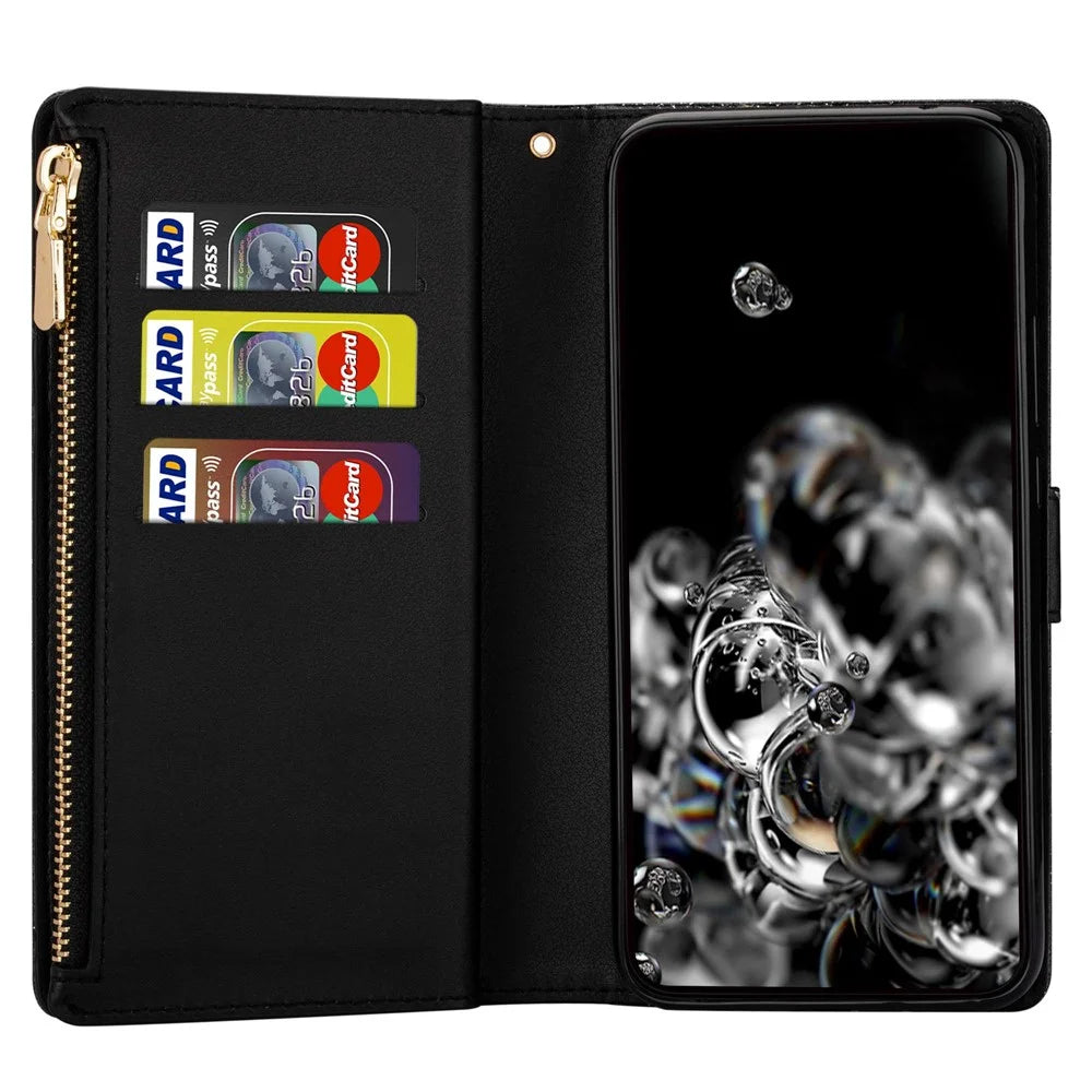 For Google Pixel 8 Pro Case Glittery Laser Carving Zipper Wallet Phone Cover - Black - 2