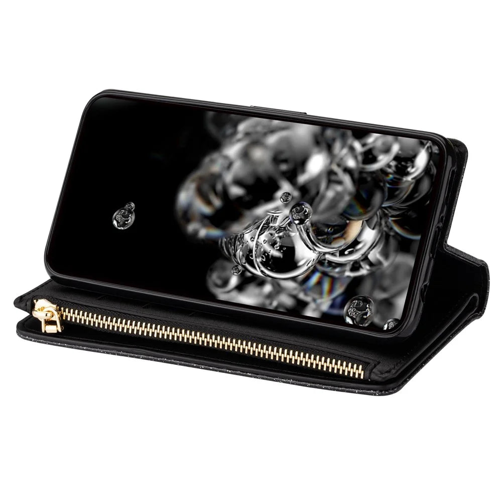For Google Pixel 8 Pro Case Glittery Laser Carving Zipper Wallet Phone Cover - Black - 3