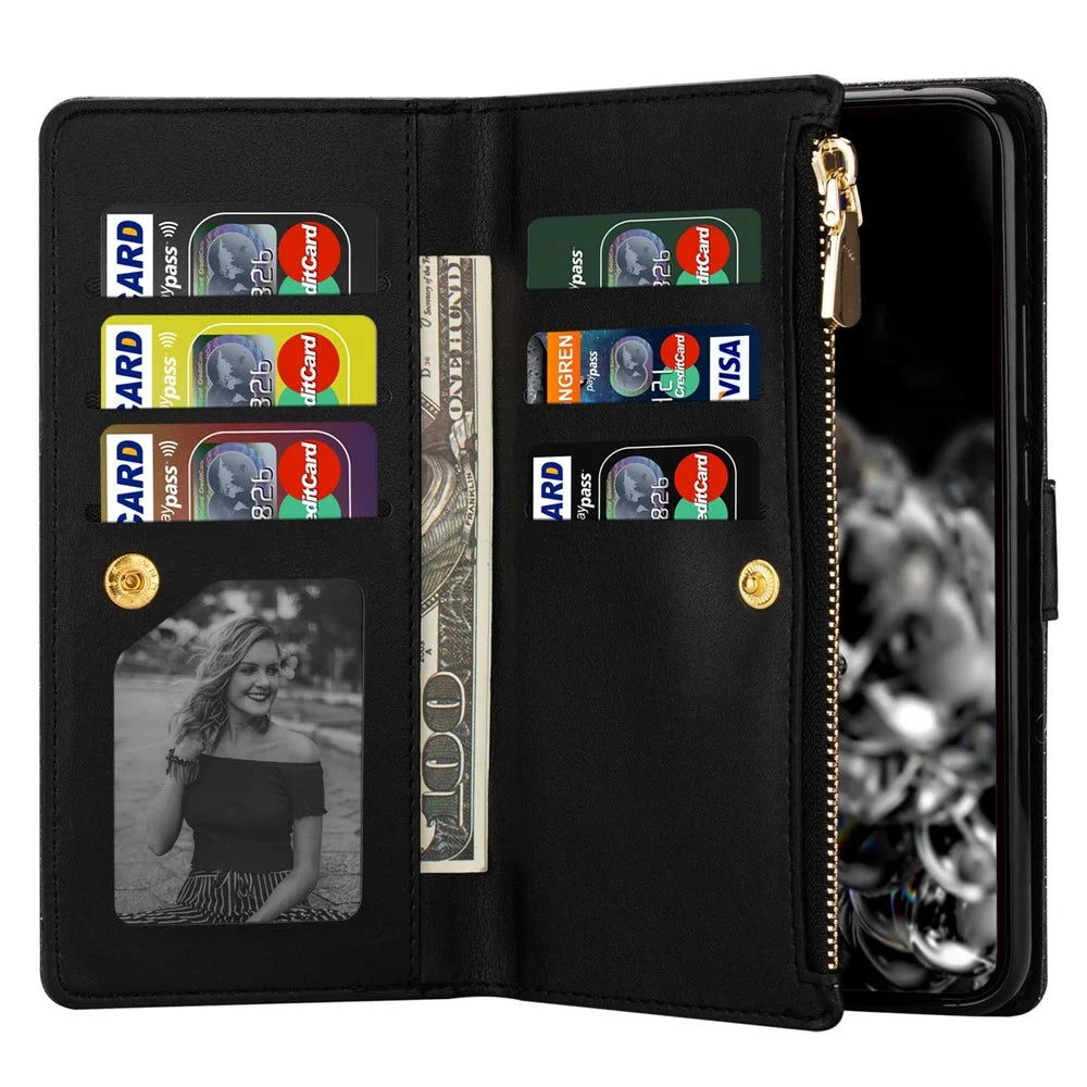 For Google Pixel 8 Pro Case Glittery Laser Carving Zipper Wallet Phone Cover - Black - 4