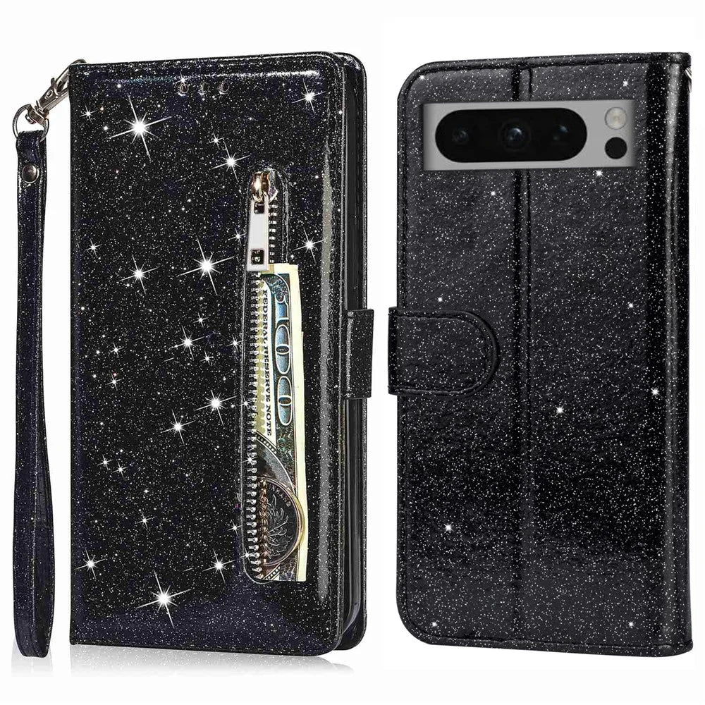 For Google Pixel 8 Pro Case Glittery PU Leather Zipper Pocket Cover - Black - 1