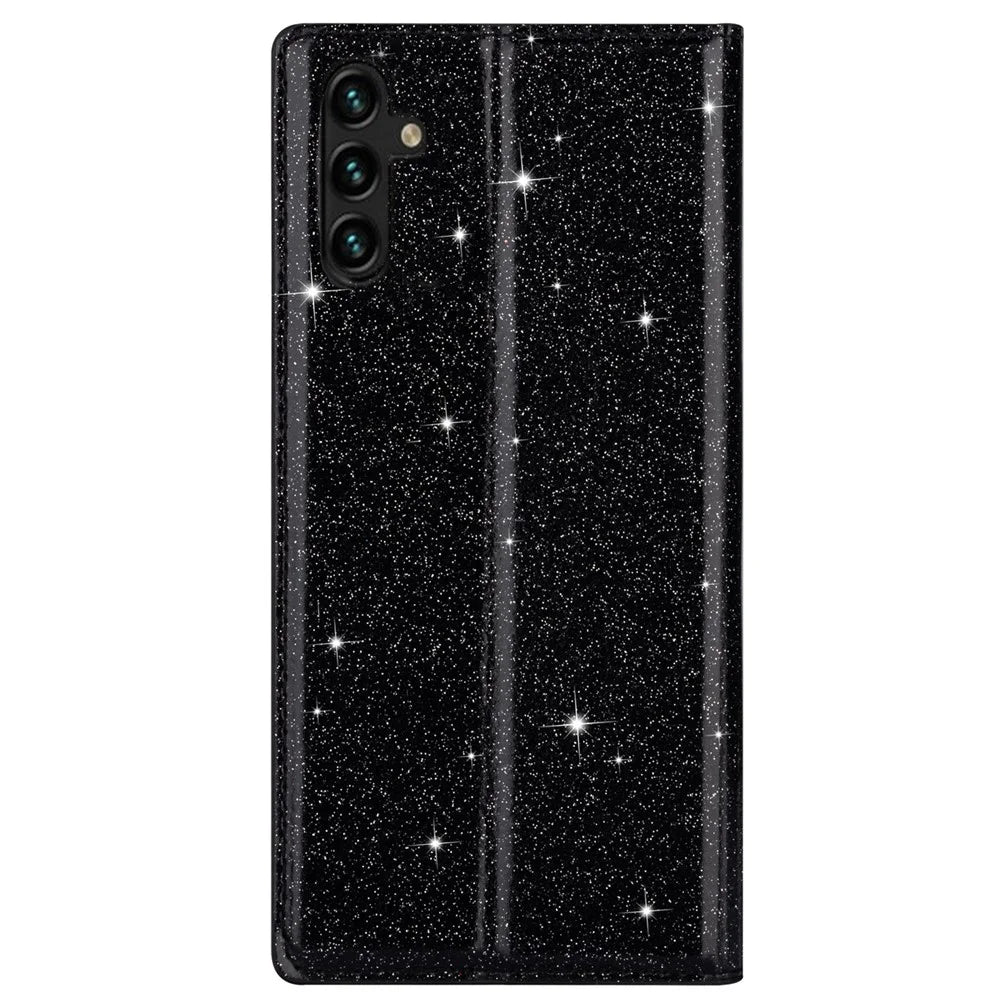 For Samsung Galaxy A24 4G (162.1 x 77.6 x 8.3mm) Case Card Holder Glittery PU Leather Phone Cover - Black - 7