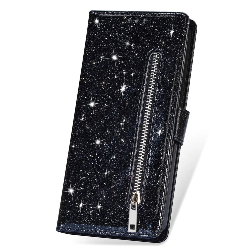 For Samsung Galaxy A24 4G (162.1 x 77.6 x 8.3mm) Case Zipper Pocket Glittery Phone Wallet Cover - Black - 6