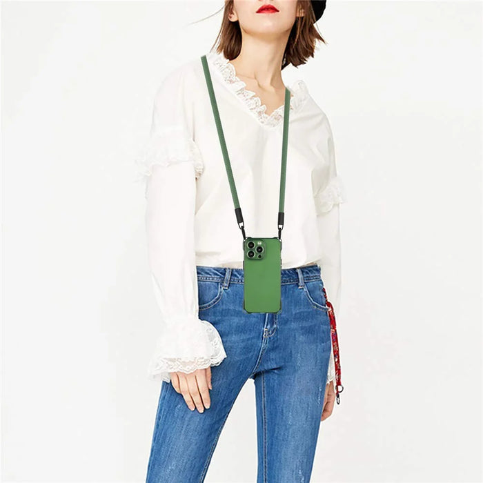 For iPhone 13 Pro Max 6.7 inch Case Protective Soft TPU Phone Cover with Shoulder Strap - Army Green - 2