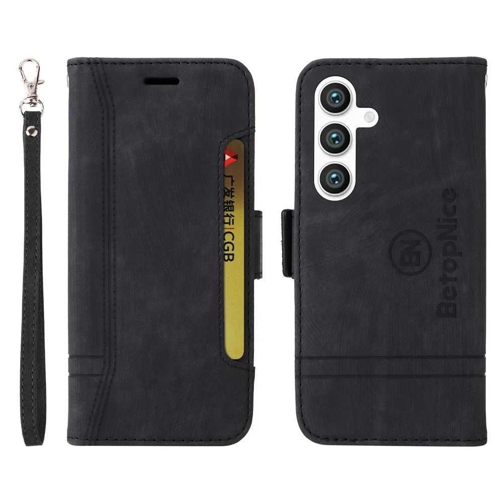 BETOPNICE 001 for Samsung Galaxy S24 Case Leather Wallet Flip Protective Phone Cover - Black - 1