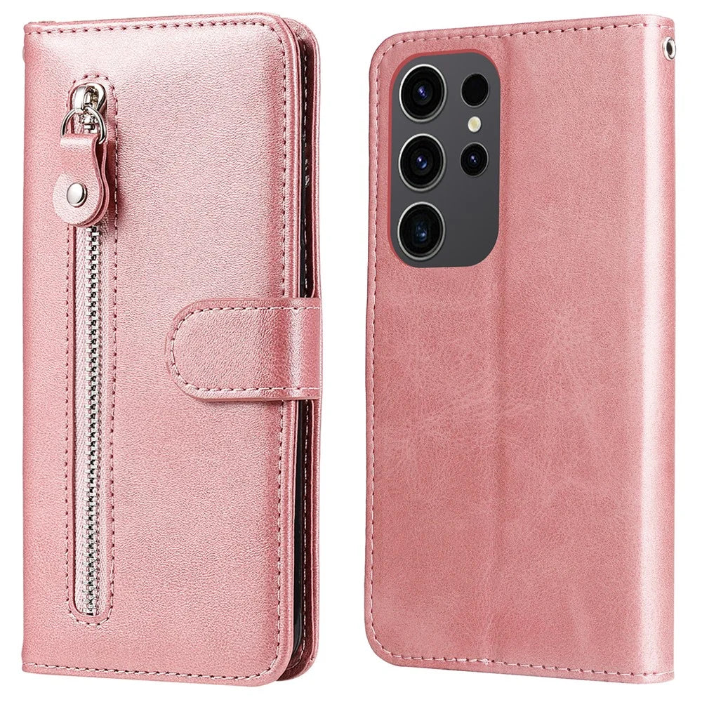 For Samsung Galaxy S24 Ultra Case PU Leather Zipper Wallet Phone Cover - Pink - 1