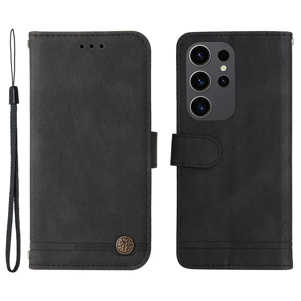 For Samsung Galaxy S24 Ultra Leather Wallet Cases Skin Touch Phone Cover Stand with Strap - Black - 1