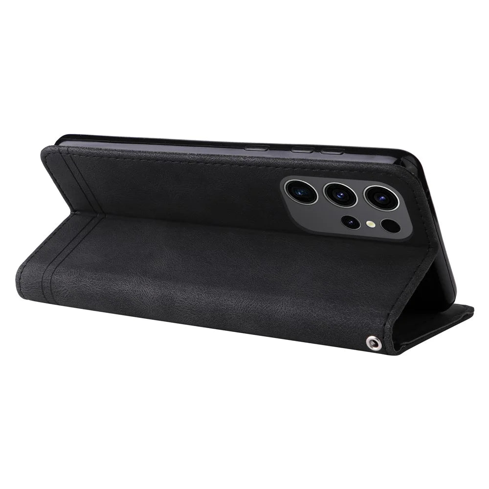 For Samsung Galaxy S24 Ultra Leather Wallet Cases Skin Touch Phone Cover Stand with Strap - Black - 4